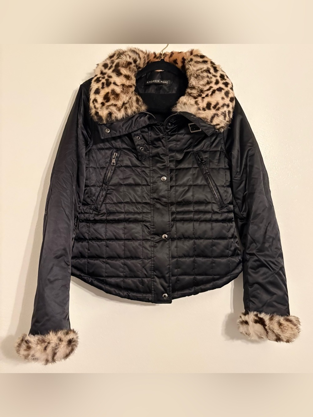 Andrew Marc Black Quilted Puffer Jacket with Leopard Faux-Fur Trim
